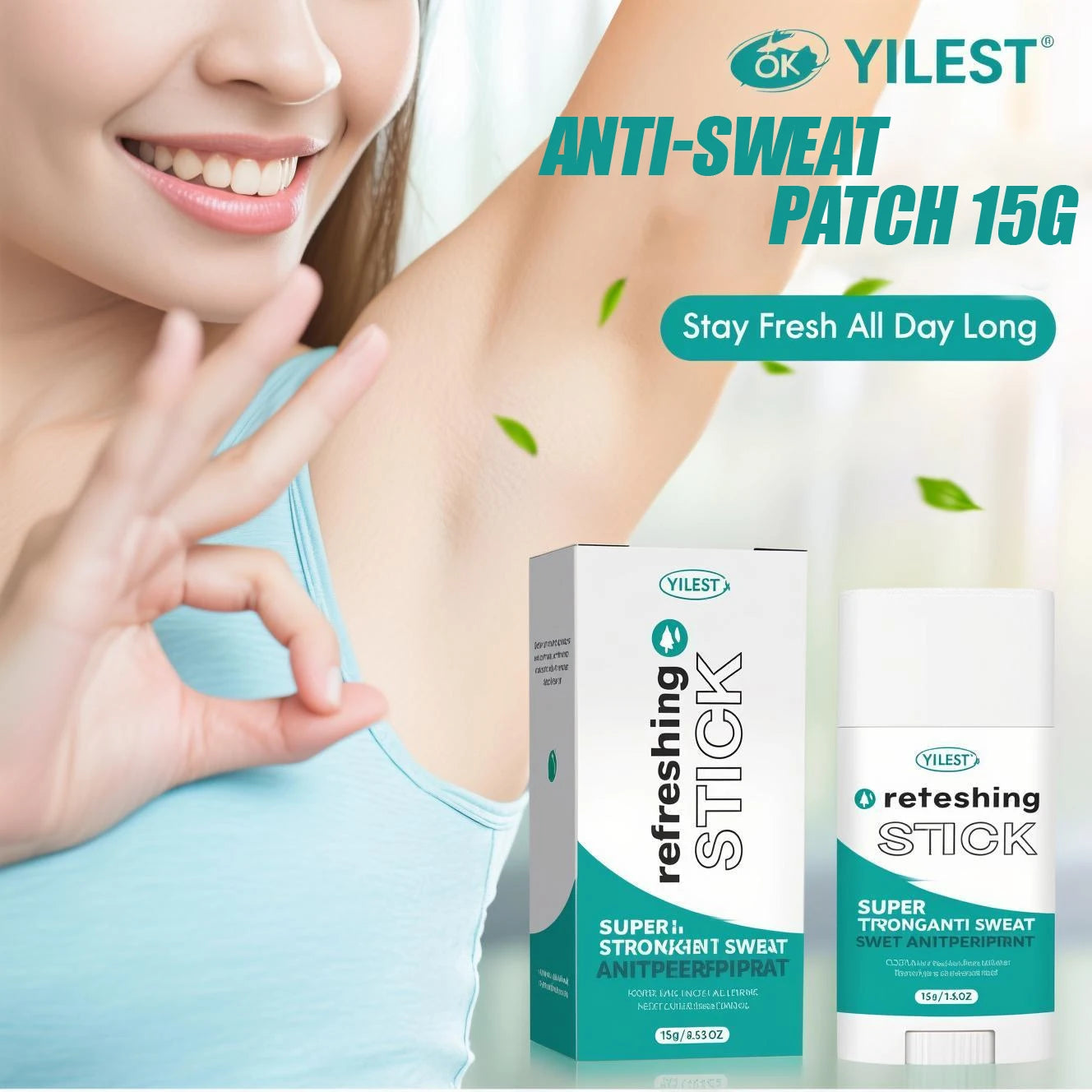 YILEST white and teal anti-sweat stick packaging featuring a smooth, matte finish for long-lasting dryness.