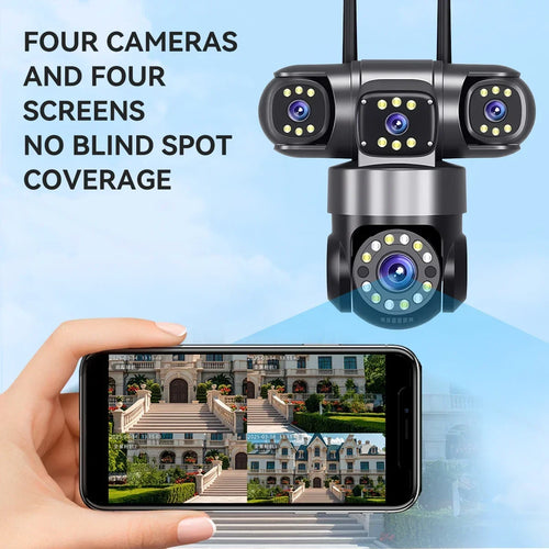 Quad-lens outdoor WiFi security camera with four views, black and silver PTZ base