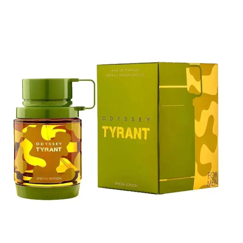 Armaf Odyssey Tyrant EDP for men: 100ml green camo grenade-shaped bottle, luxury Arabian cologne spray, special edition.