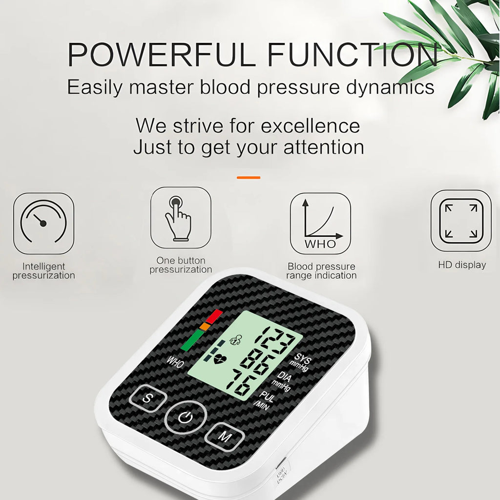 Upper Arm Blood Pressure Monitor with 36cm Cuff Automatic Digital Medical BP Tensiometer Heart Rate Detector Portable Home Care