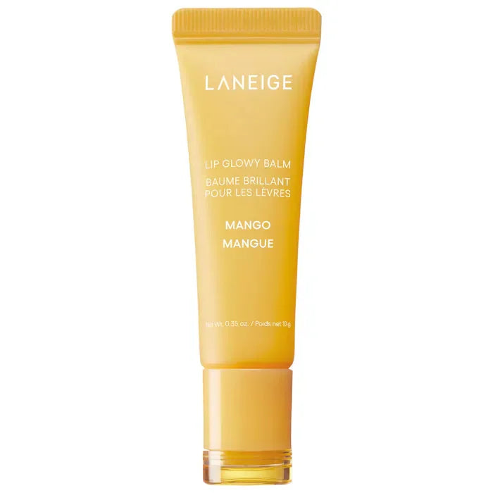 Laneige Mango Lip Glowy Balm in a yellow squeeze tube for hydrating, smoothing, and nourishing daily lip care.