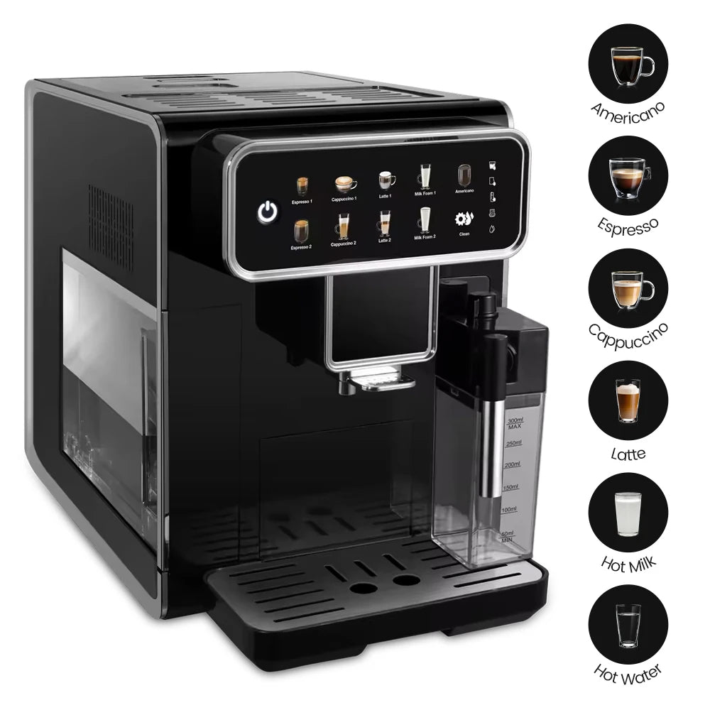 Black automatic espresso machine with milk frother and touch screen menu for various coffee drinks.