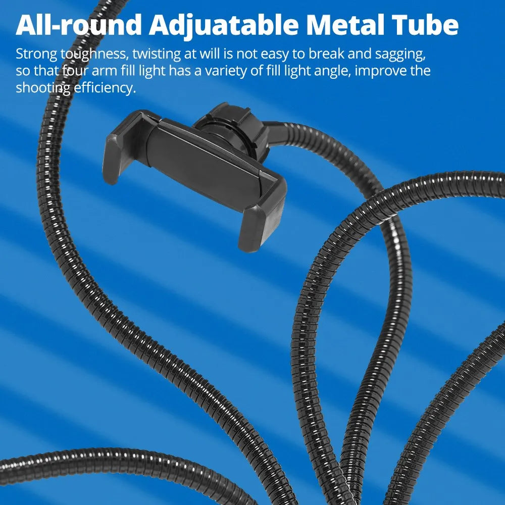 Flexible black metal gooseneck tube with a phone holder mount for adjusting lighting angles on a camera stand.