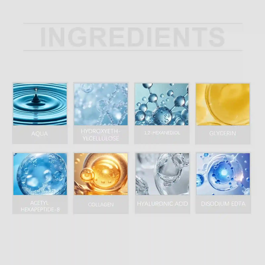 Eight squares showing scientific illustrations of skincare ingredients like water, collagen, and hyaluronic acid.