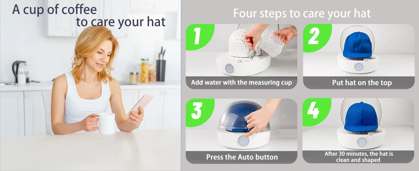 Tidesmit automatic cap cleaner featuring steam cleaning and drying functions for baseball and bucket hats