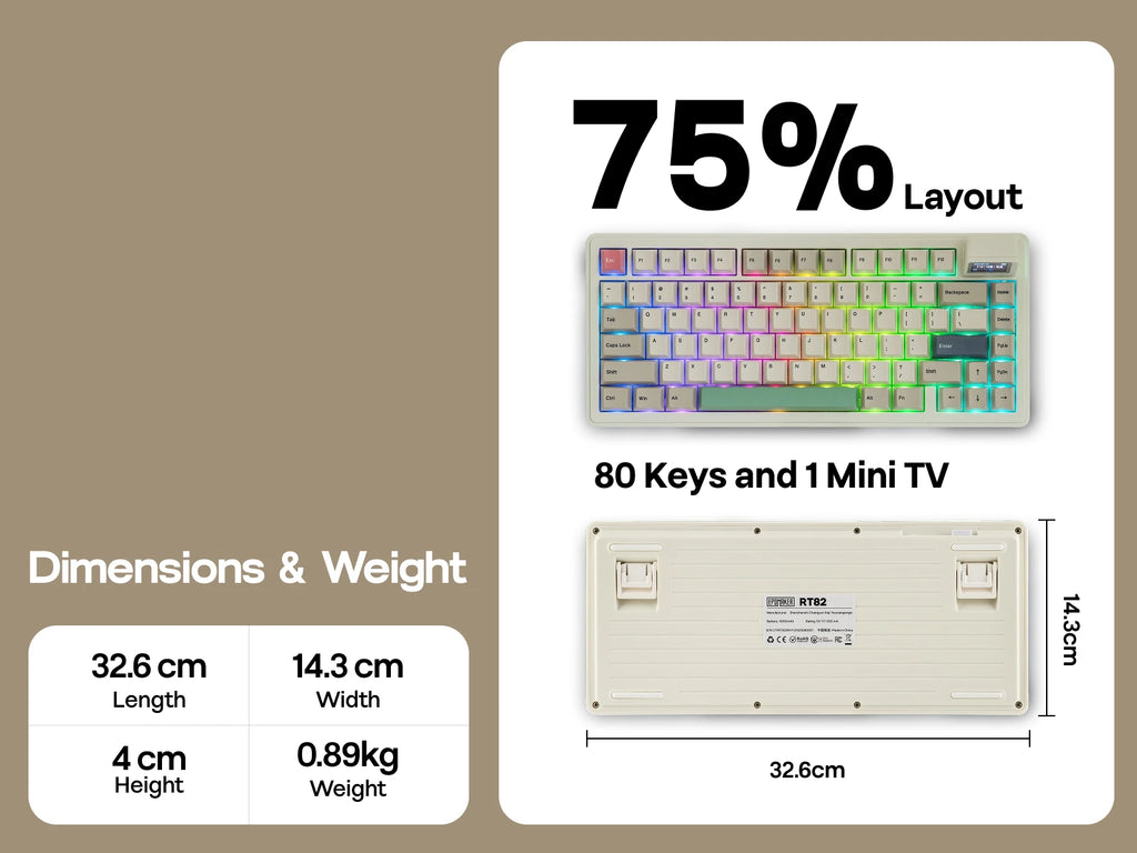 EPOMAKER RT82 QMK/VIA 75% US QWERTY Layout Hot-Swap Gasket Wired/BT 5.0/2.4GHz Wireless Mechanical Keyboard with LCD Screen