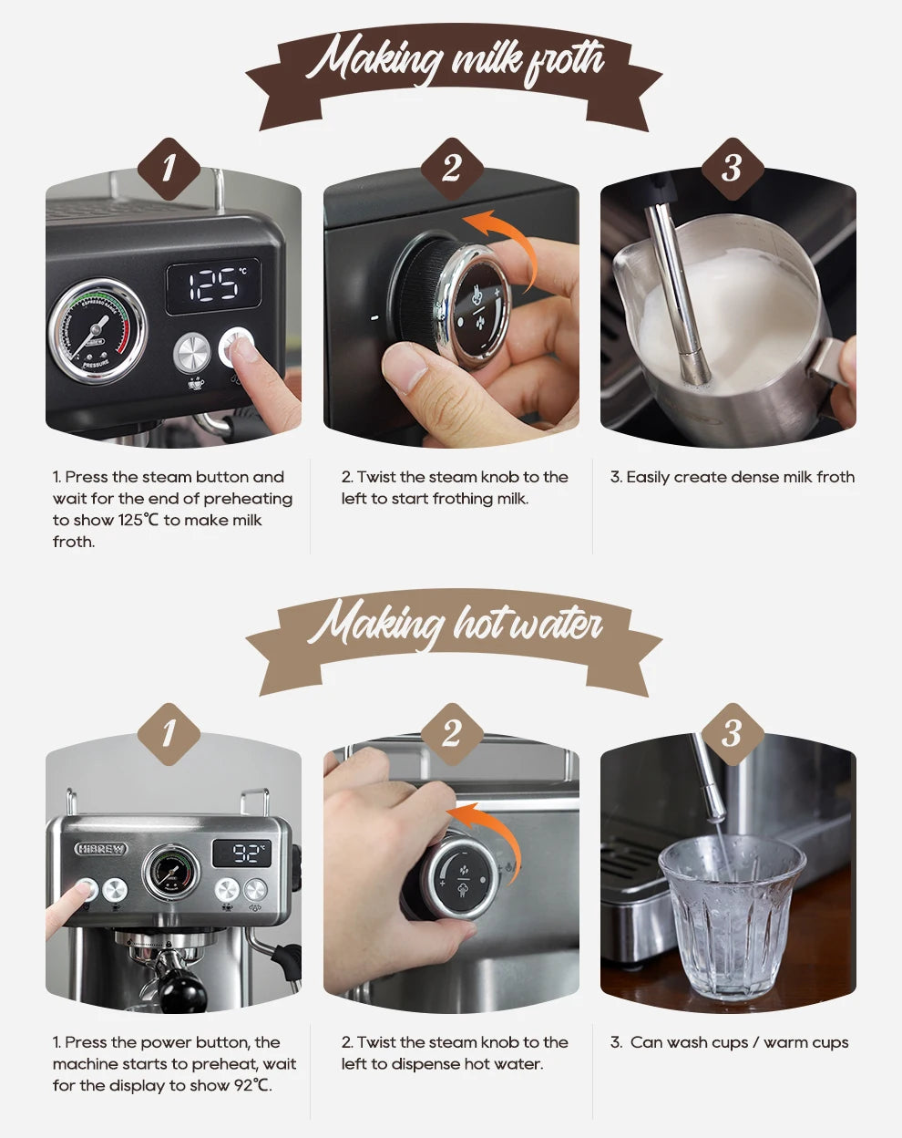 HiBREW espresso machine manual guide showing milk frothing and hot water dispensing with digital temperature display.
