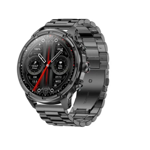 YLL-V99 smart sleep tracker with 1.85-inch round display and black metal band, side angle view of waterproof sports watch.