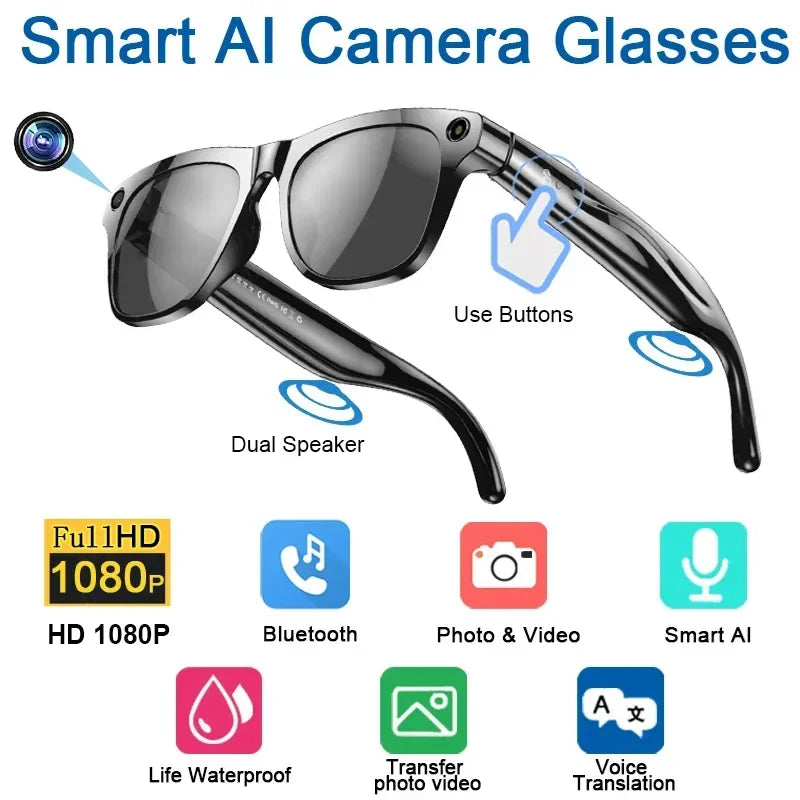 Black smart glasses with integrated HD camera, dual speakers, and Bluetooth for recording video and voice translation.