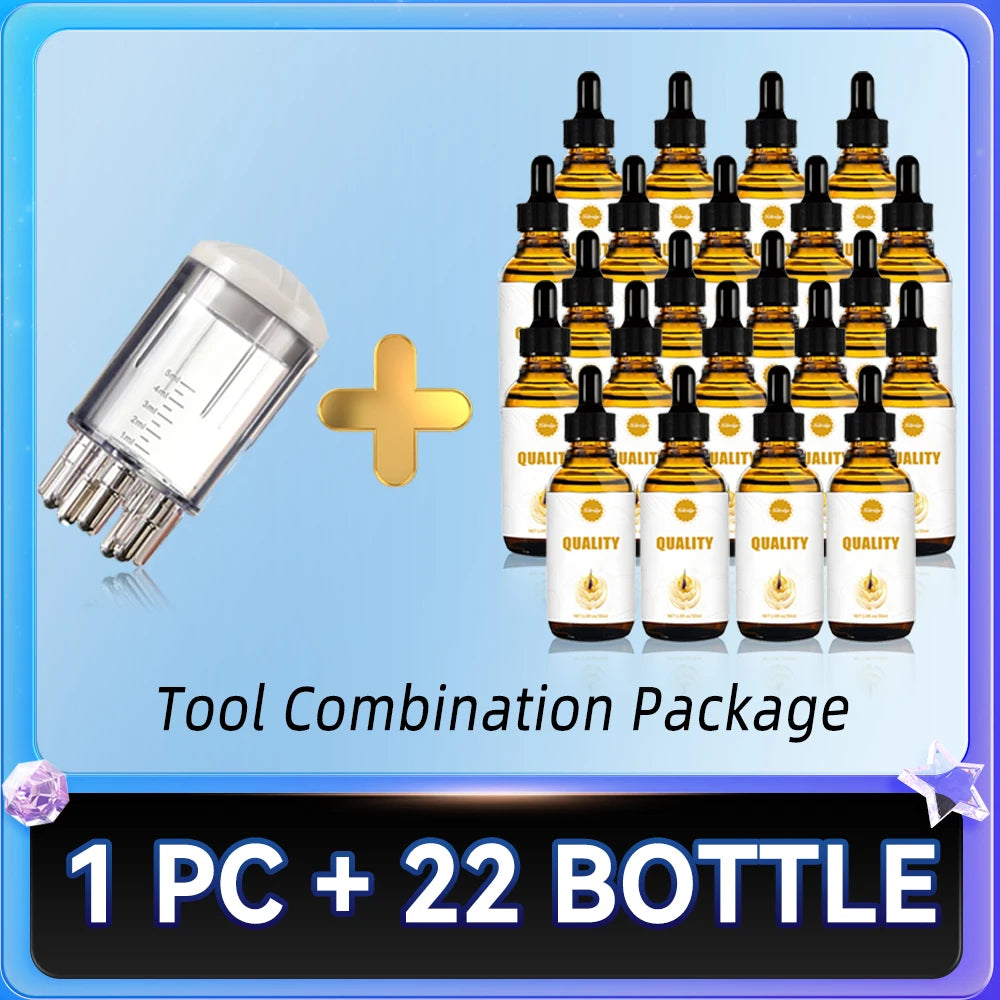 One clear plastic measuring applicator with multi-needle head and 22 small amber glass dropper bottles.
