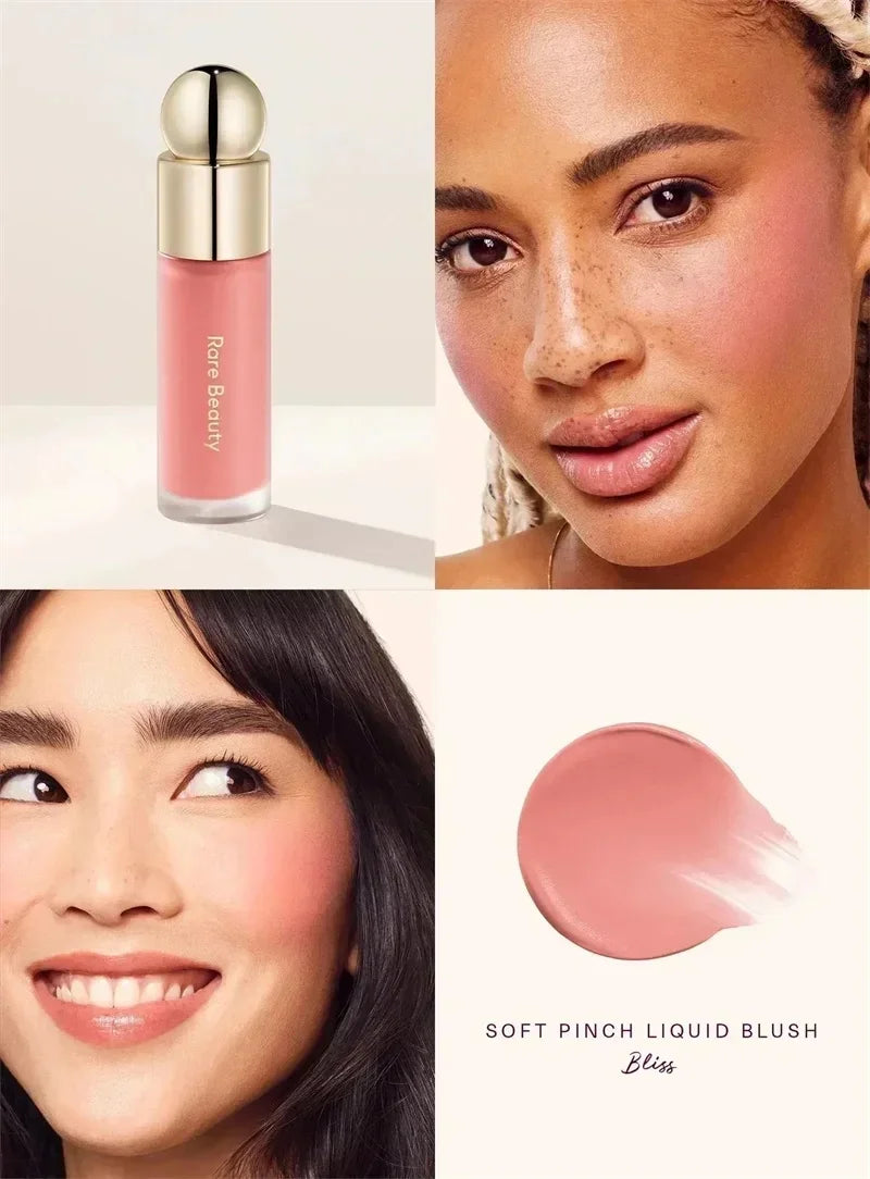 Tidesmit Rare Beauty Liquid Luminizer and Soft Pinch Blusher face makeup texture detail view