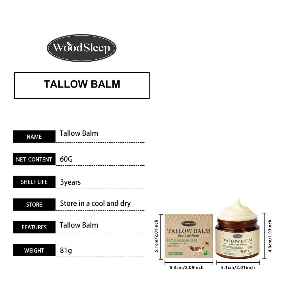 Woodsleep Organic Grass-Fed Beef Tallow Balm with Raw Honey Deep Hydration Face Body Care Smooth Soft Beef Tallow Honey Balm 60g