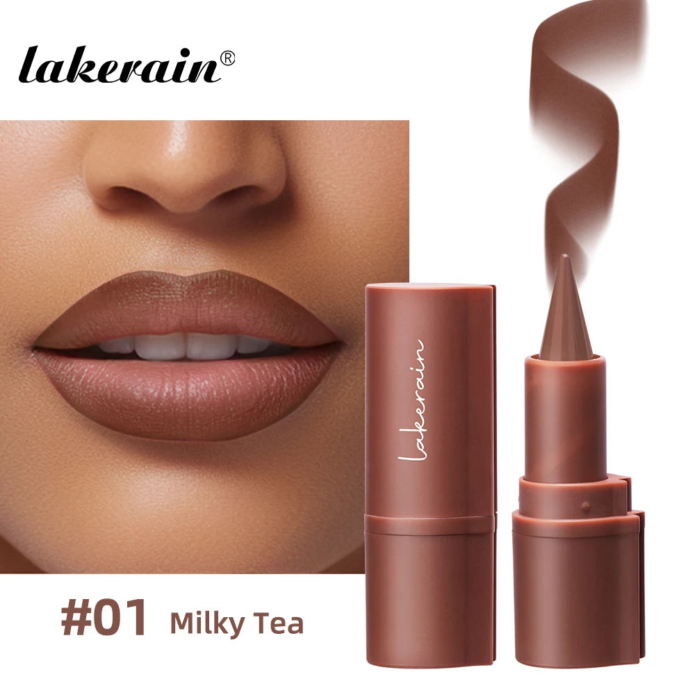 Lakerain matte lipstick pen in Milky Tea brown, featuring a waterproof gradient lip liner pencil and smooth finish.