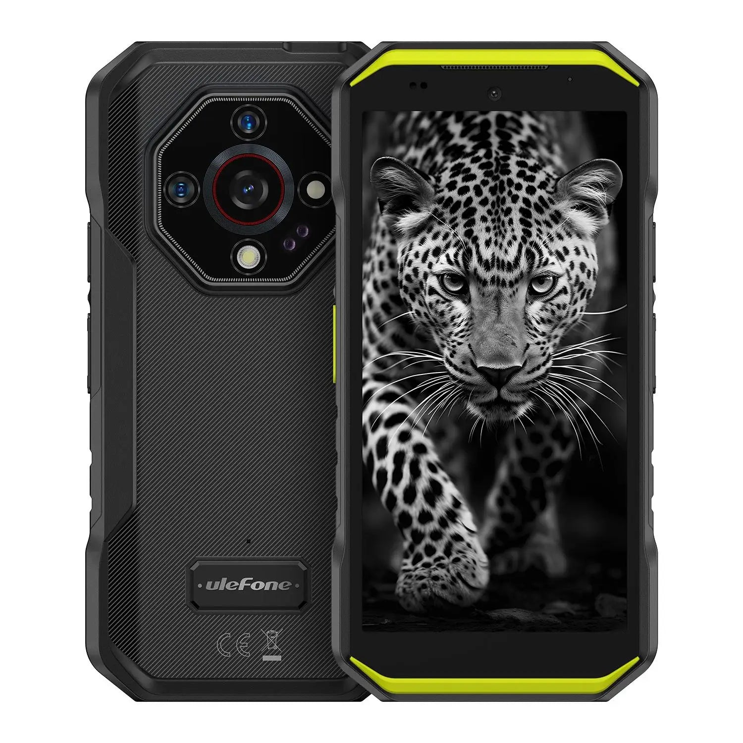 Ulefone Armor X32 black rugged smartphone, front and rear views, 5.65-inch screen, night vision camera, Android 14.