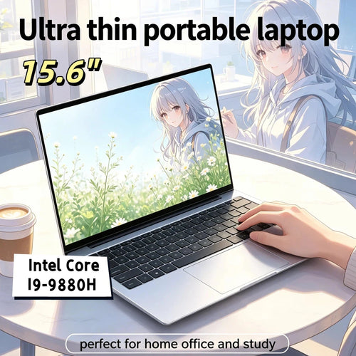 Silver 15.6-inch laptop with thin bezels, black keyboard, large trackpad, and a slim, modern chassis.