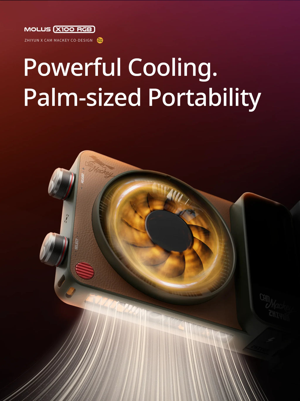 Molus X100 RGB palm-sized LED video light with a brown leather-textured body, circular fan, and two side control dials.