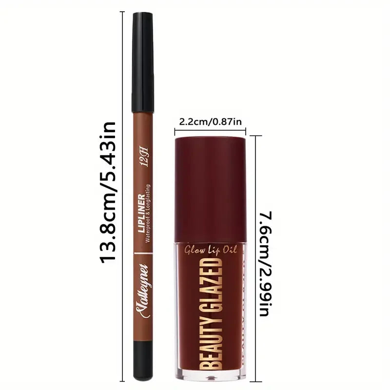 Makeup set with matte brown lip liner and glossy moisturizing lip oil for long-lasting, defined, hydrated lips.