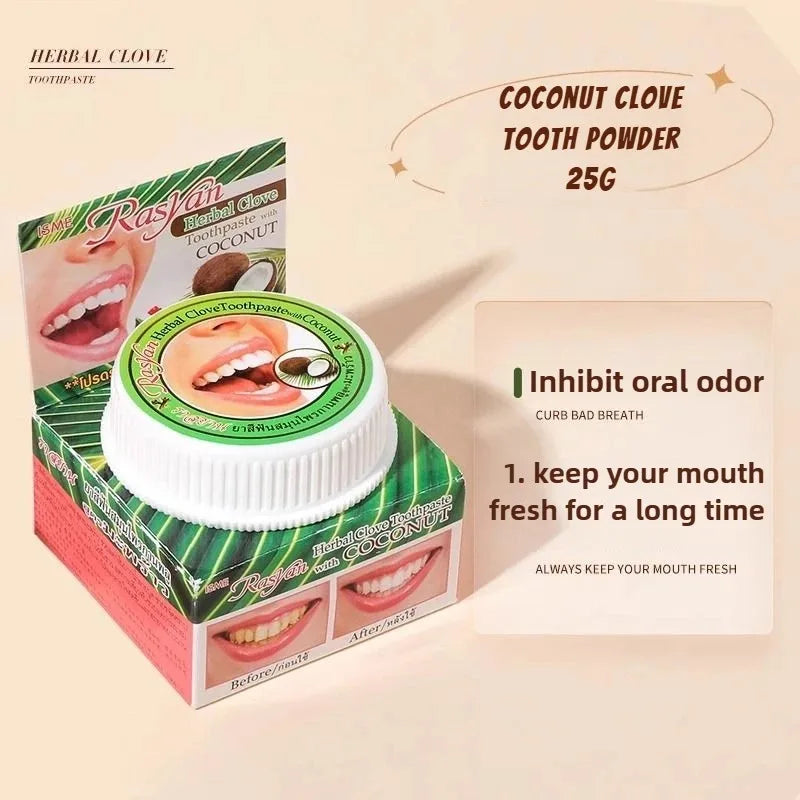 Tidesmit Rasyan herbal toothpaste and tooth powder set with clove and coconut oil for effective teeth whitening.