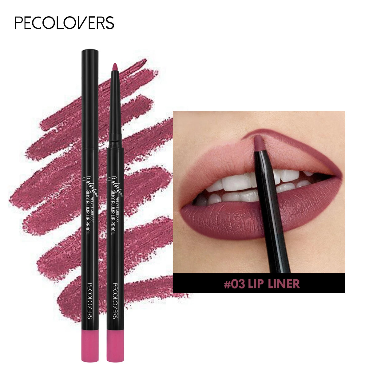Pecolovers #03 matte lip liner pencil with a velvet dewy finish, waterproof and smudge-proof formula.