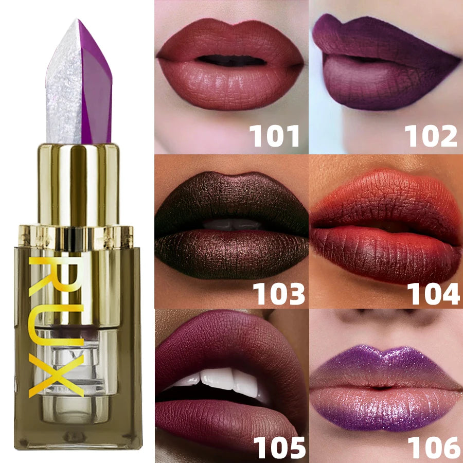 Two-tone glitter and matte lipstick in purple, black, red, and rose shades with a moisturizing, long-lasting finish.