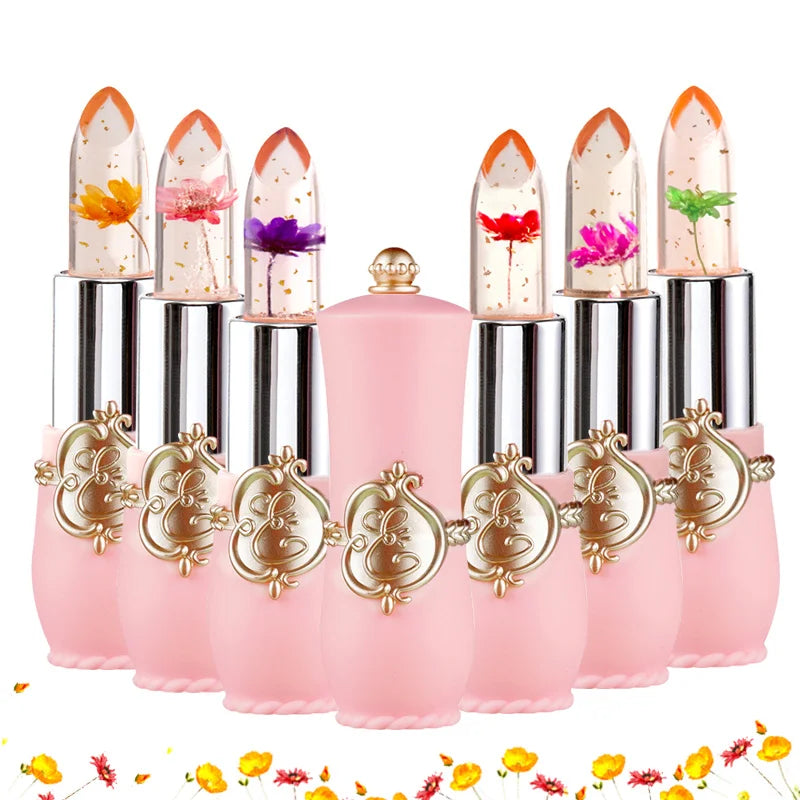Crystal flower jelly lipsticks with gold flakes in pink vintage cases, long-lasting color-changing moisturizing lip balm.