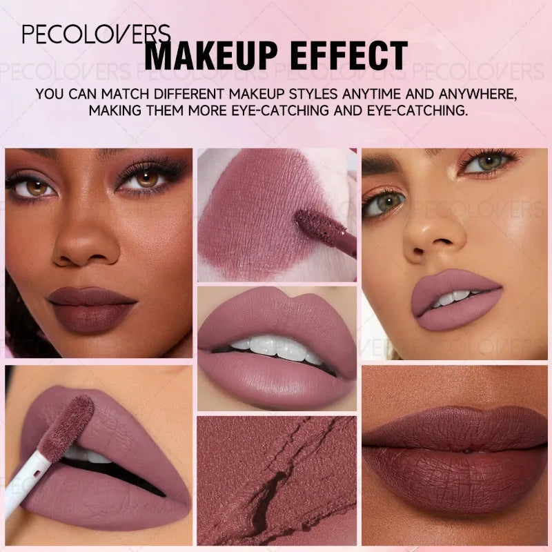 Long-lasting matte liquid lipstick in nude and mauve shades showing smooth, non-drying, waterproof finish on lips.