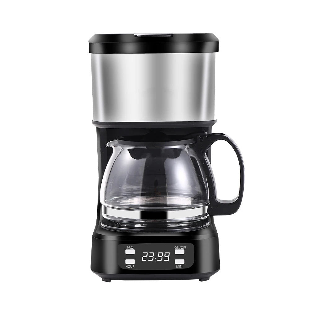Programmable drip coffee maker, stainless steel and black finish with glass carafe and digital clock display.
