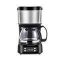 Programmable drip coffee maker, stainless steel and black finish with glass carafe and digital clock display.