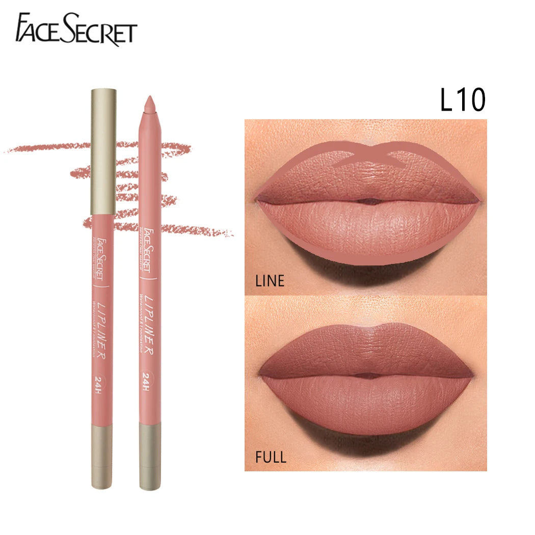 Face Secret L10 waterproof velvet matte lip liner pencil in a dusty rose shade with full lip swatch application.
