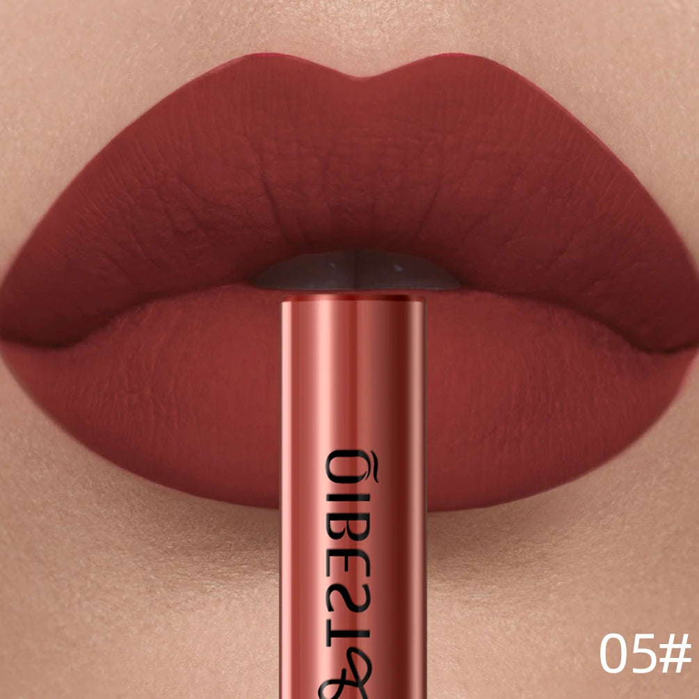 QIBEST long-lasting velvet matte liquid lipstick in sexy red shade 05, showing smooth non-stick finish on lips.