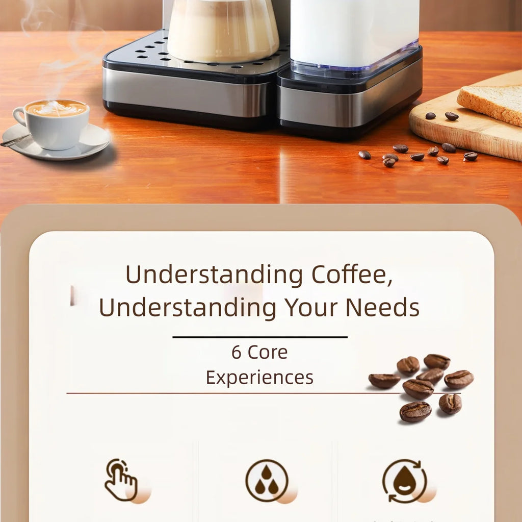 Modern silver and black coffee maker with milk frother on wooden table with steam-filled cup and coffee beans.
