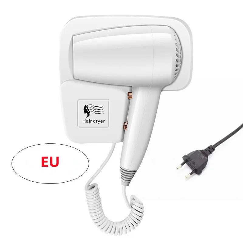 White wall-mounted hair dryer for bathroom with EU plug, coiled cord, and blue light hair care technology.