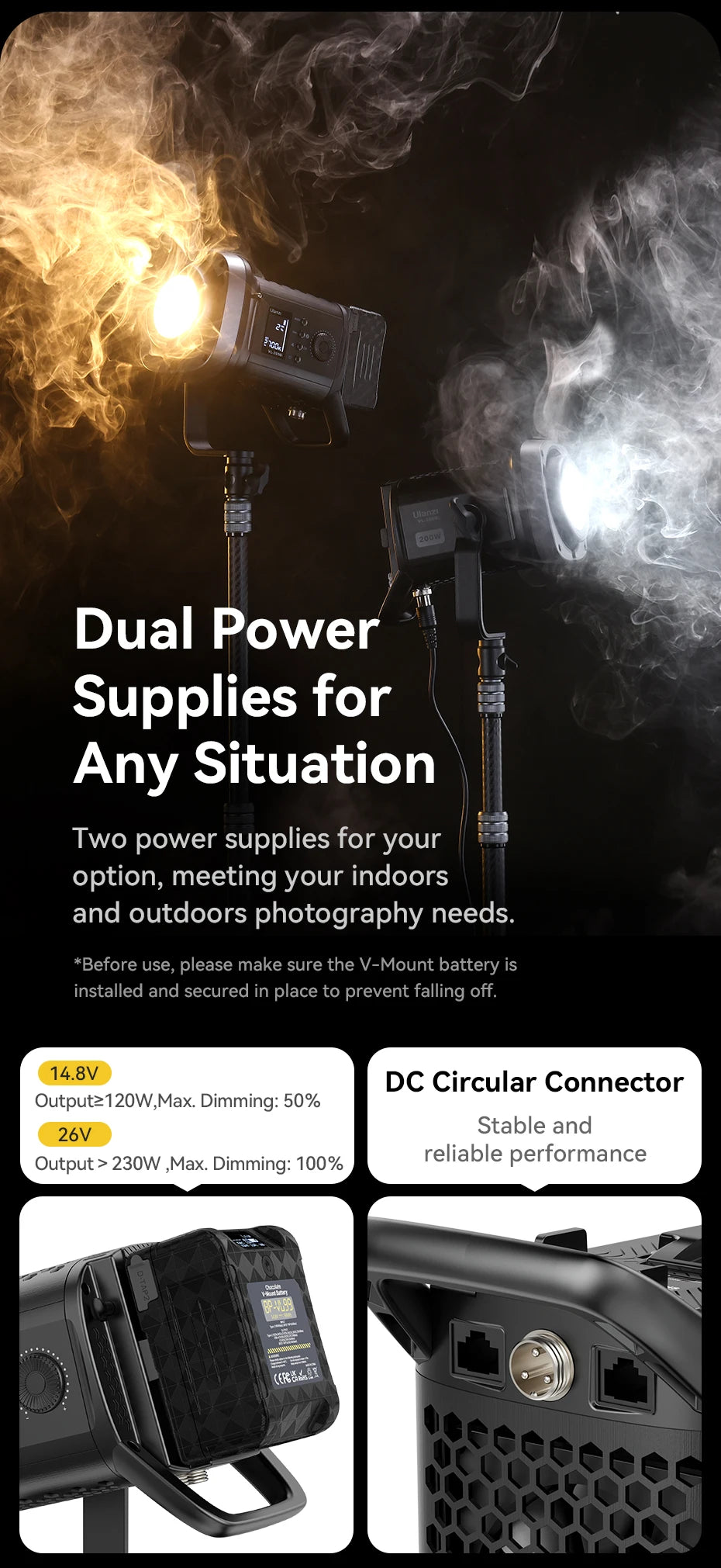 LED photography light with V-mount battery and DC circular connector for indoor and outdoor studio lighting.
