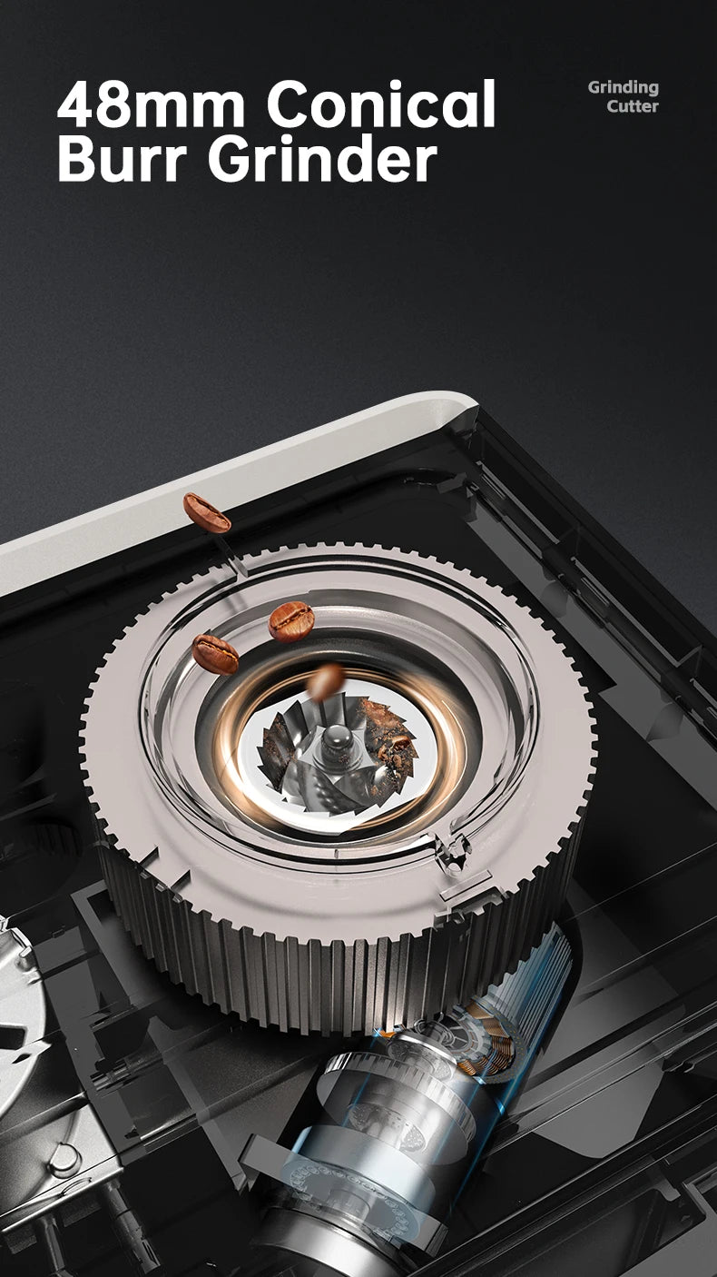 Close-up of a 48mm steel conical burr coffee grinder mechanism with coffee beans being ground in a sleek black housing.