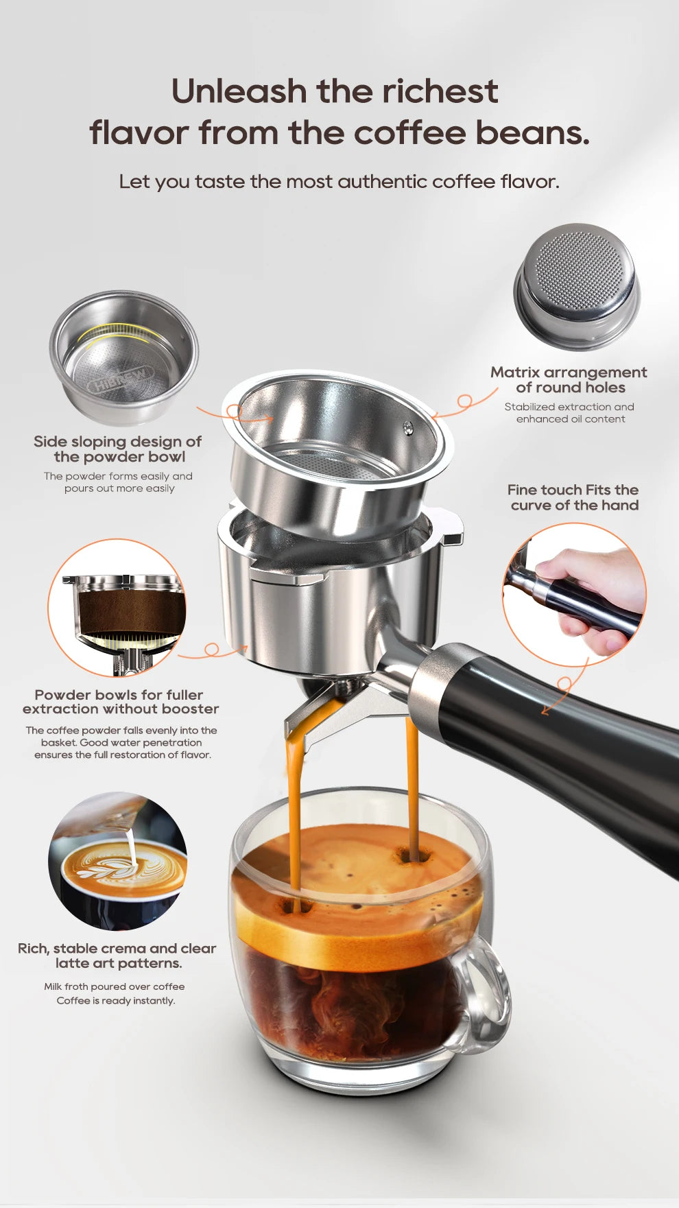 HiBREW stainless steel espresso portafilter with black handle and filter basket, pouring coffee into a glass cup.