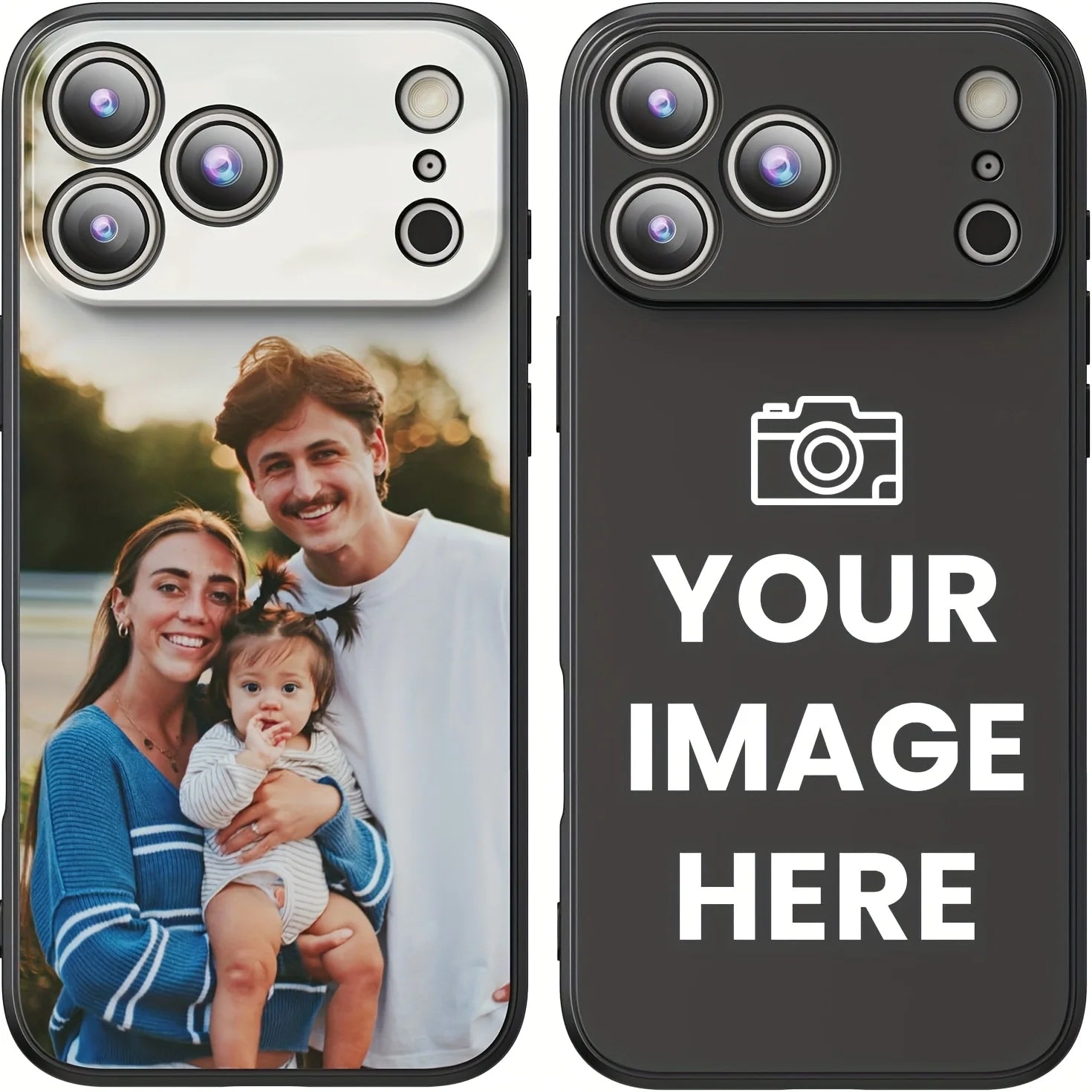 Customizable phone cases with camera cutouts; one shows a family photo, the other features a placeholder graphic.