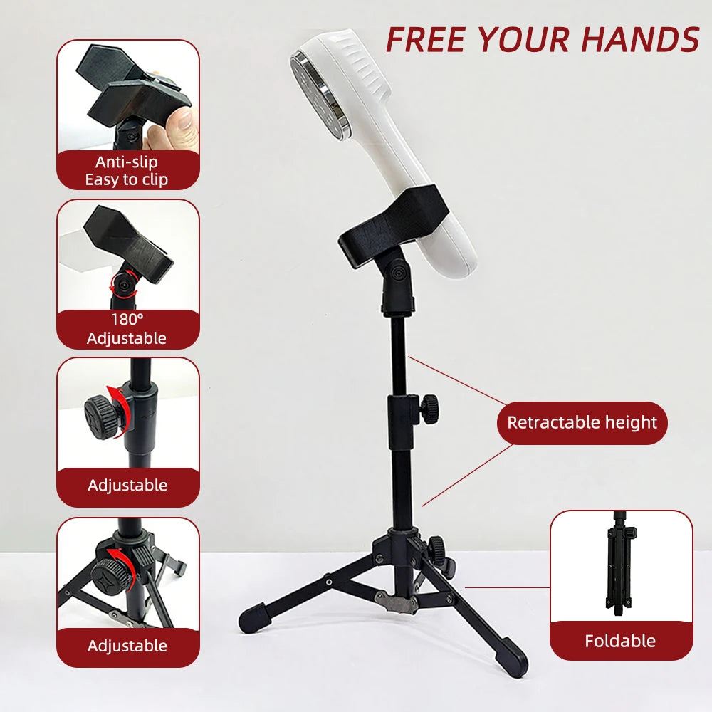 White handheld red light therapy device mounted on a black, adjustable, and foldable tripod stand.