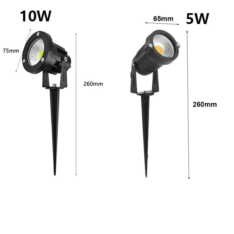 Black LED landscape spike spotlight with adjustable head and long ground stake
