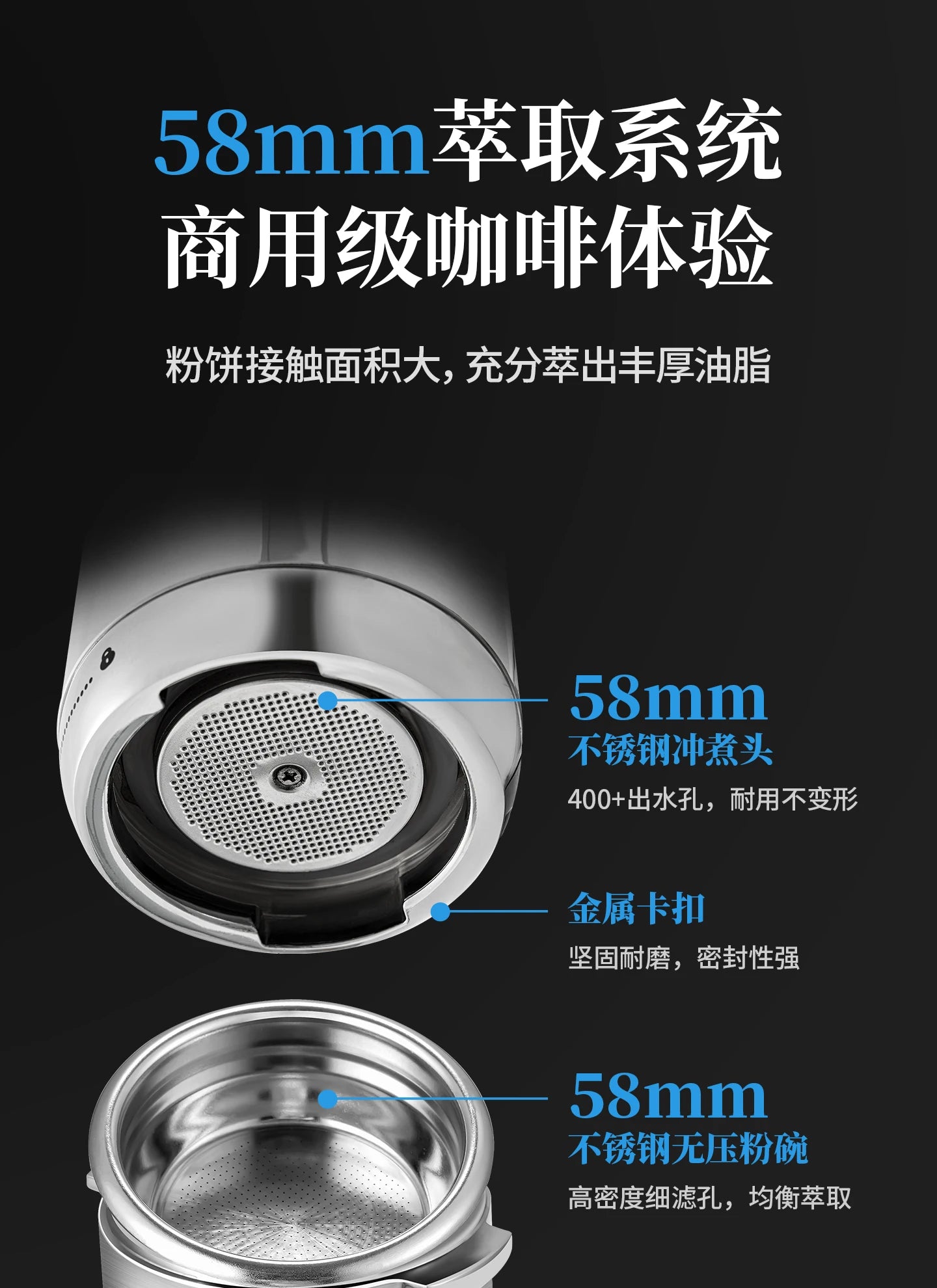58mm commercial-grade stainless steel espresso coffee machine brew head and filter basket for rich extraction.