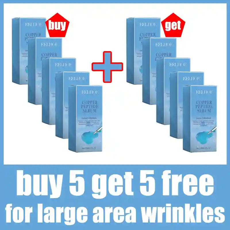 Ten blue boxes of EELHOE Copper Peptide Serum arranged in two groups of five, with a "buy 5 get 5 free" label.