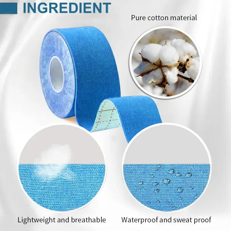 A roll of blue cotton kinesiology face lifting tape, highlighting breathable, waterproof, and pure material properties.