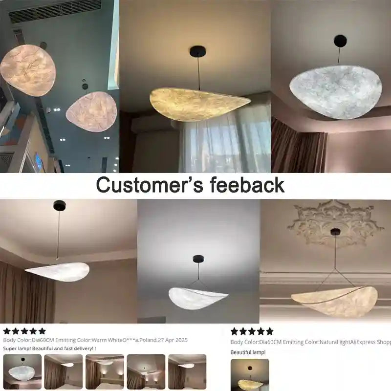 Irregular, 60cm wide pendant light with a textured, paper-like shade, suspended from a black ceiling mount.