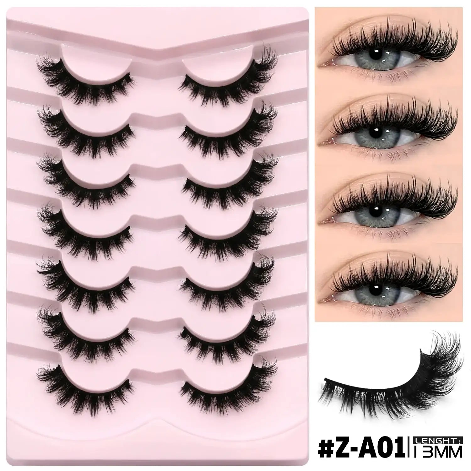 Set of 7 pairs of black, fluffy, wispy 3D mink cat-eye false lashes on a pink tray with eye application examples.