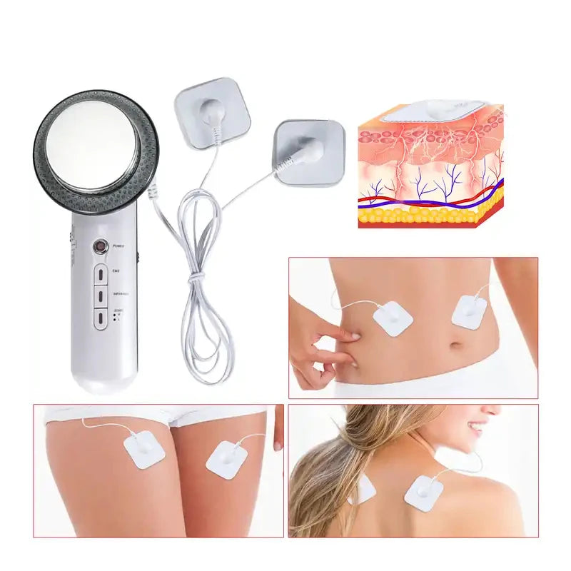 White handheld ultrasound slimming device with connected EMS pads, showing applications on abdomen, thigh, and shoulder.