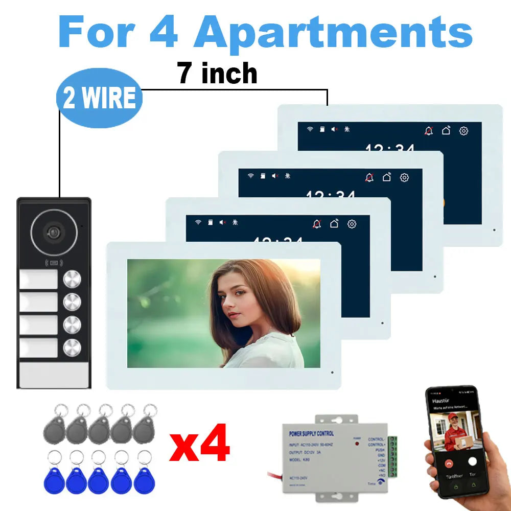 2-4 Unit Home 2 Wire 7inch Touch Video Intercom for Apartments Residential Video Door Phone System with RFID Card APP Unlock ﻿