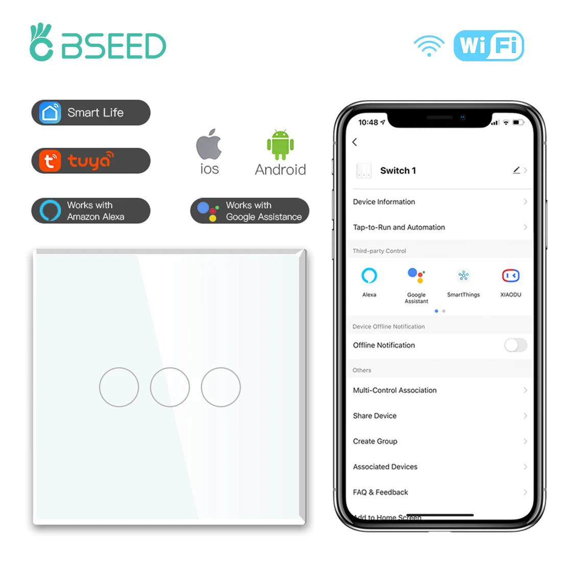 WiFi Smart Wall Switch with USB-C Port - Glass Panel Tidesmit 3Gang Switch EU standard Tidesmit