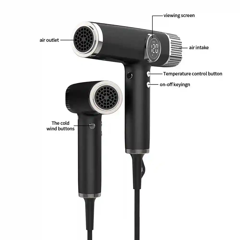 Black 1800W professional high-speed ionic hair dryer with digital LED display, temp controls, and cold air settings.