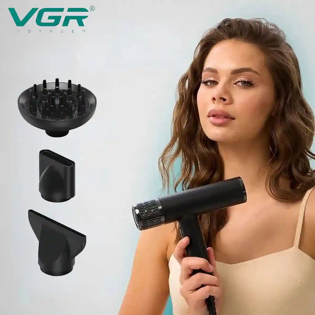 VGR V-427 professional black ionic hair dryer with brushless motor, three styling attachments, and diffuser.