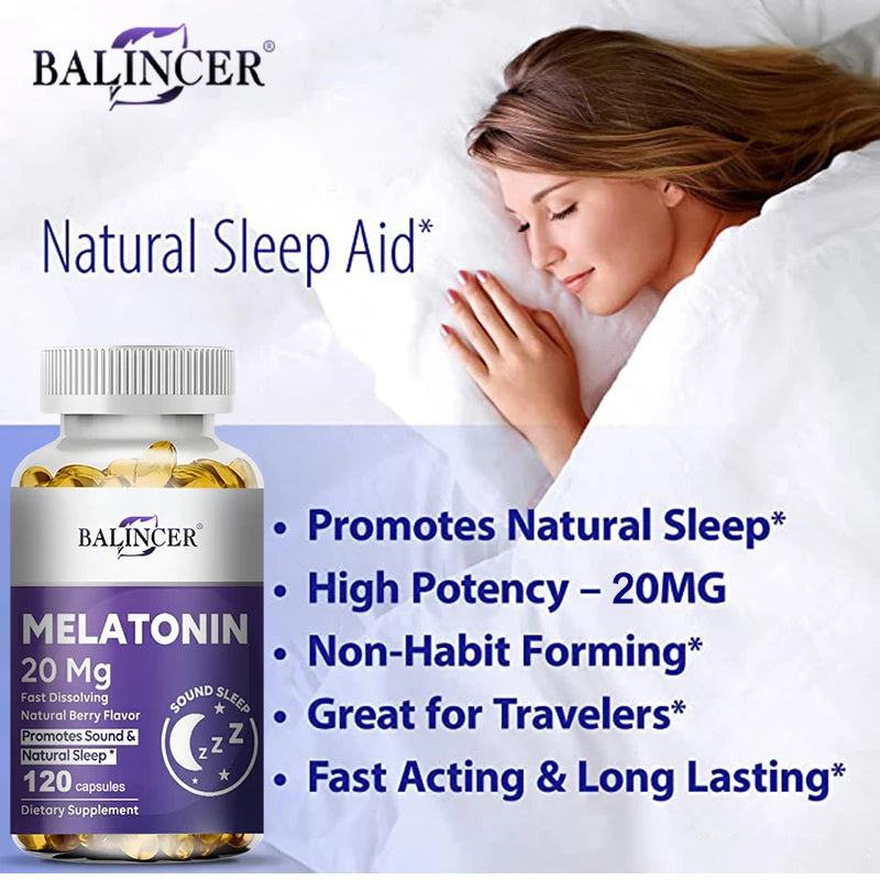 Melatonin 20mg Capsules, Natural Sleep Aid, Fall Asleep Faster, Improves Sleep Quality, Deep Sleep, Relaxation, Vegan