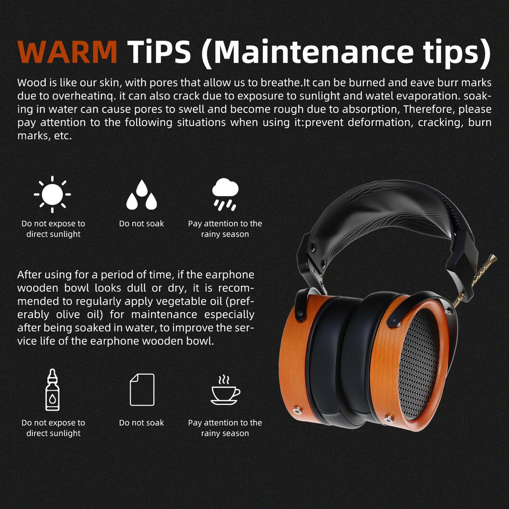 Wooden HiFi Open-Back Headphones 53mm Drivers - HD11 Detachable Cable Tidesmit